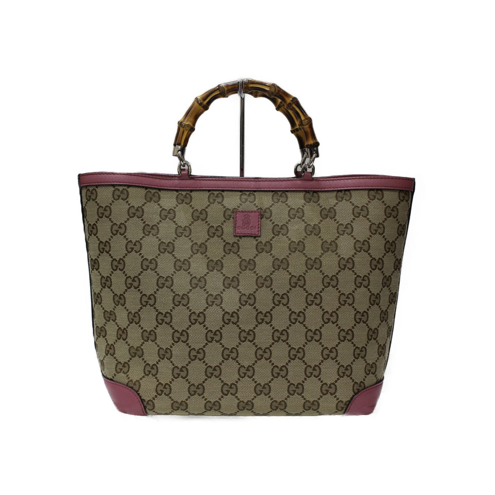 GUCCI handbag leather canvas pink beige bamboo Collection